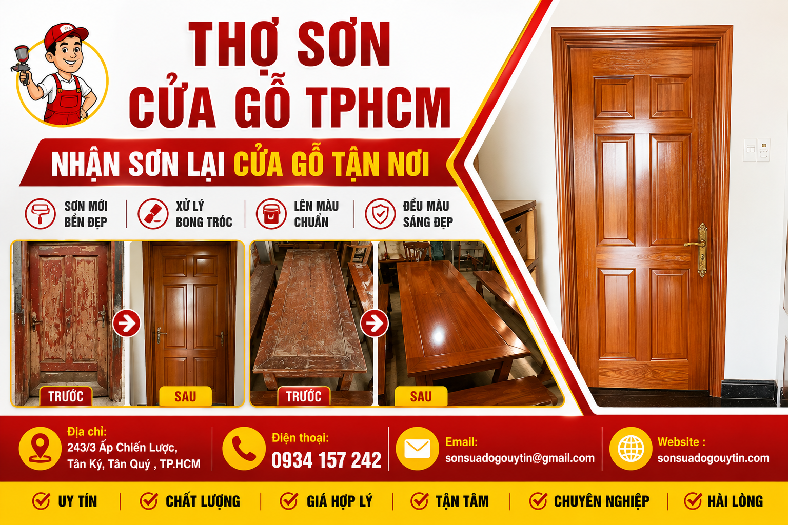 Cửa gỗ sau khi được sơn lại hoàn thiện tại TPHCM